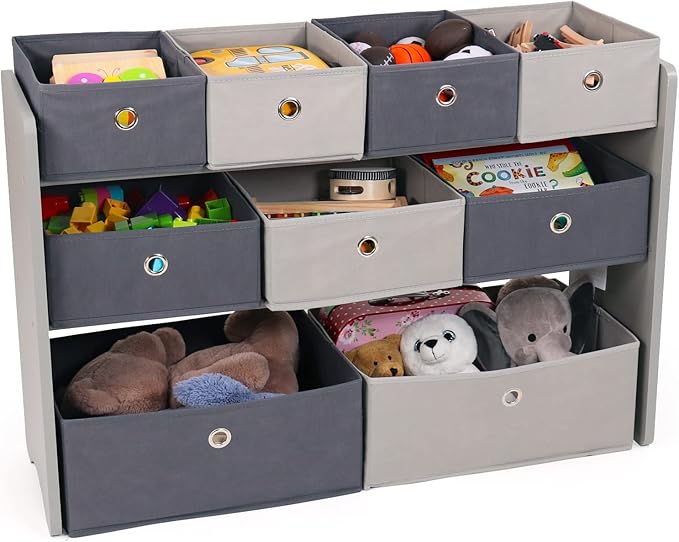 Humble Crew Toy Storage Organizer with 9 Removable Fabric Bins, Light Grey/Grey – Premium Playroom Toy Organizer for Toddlers