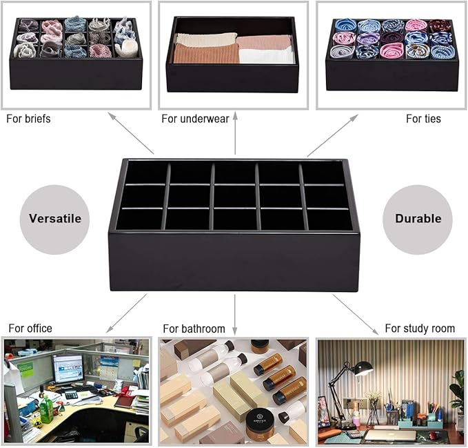 GOBAM Bamboo Closet Drawer Organizer, 15 Compartments - Drawer Divider & Storage Box for Ties, Bras, Briefs, Socks & Jewelry 