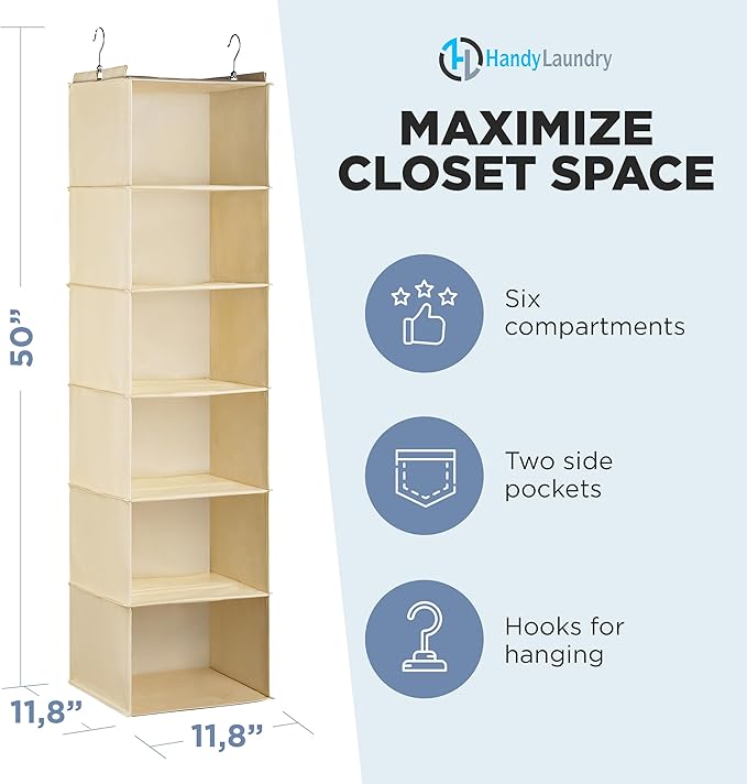 Handy Laundry Hanging Closet Organizer - 6 Shelf Storage for Clothes, Sweaters, Shoes & Accessories - Space-Saving Wardrobe S