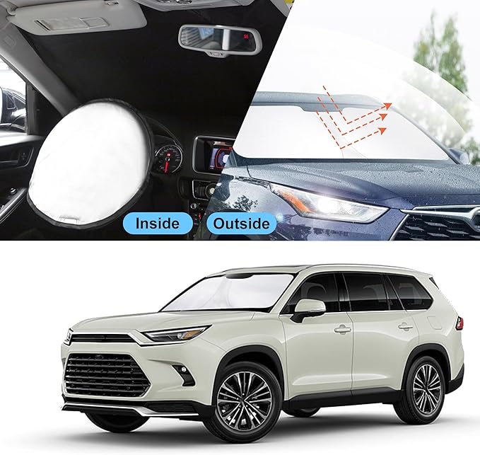 TINGLU Sun Shade for Toyota Grand Highlander 2024 2025 2026 Accessories Windshield Sun Shade Window Shade UV Rays Protection Sun Visor Cover with Steering Wheel Sunshade Storage Bag