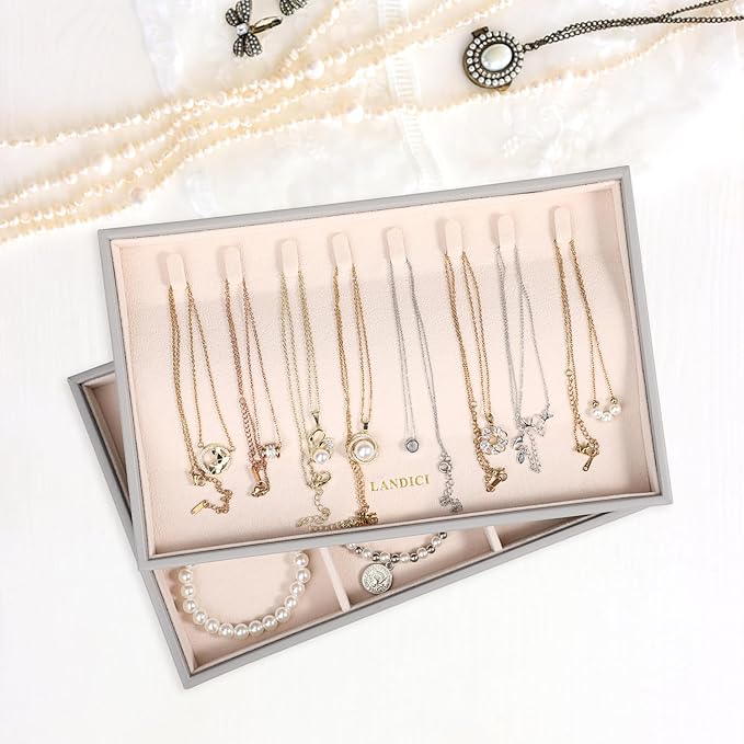 LANDICI Stackable Jewelry Organizer Trays 4 Set,PU Leather Jewelry Organizer Drawer,Jewelry Storage Display Tray for Earring 