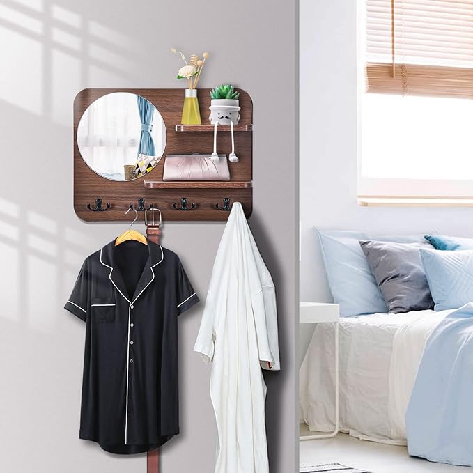 Coat Rack with Shelf Rustic Wooden Wall Mounted Hanging Coat Rack with Mirror Shelves and 4 Double Hooks Decorative Entryway 