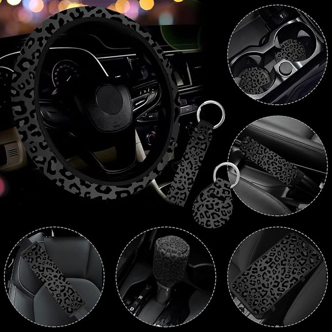 10 Pieces Leopard Print Car Steering Wheel Cover Center Console Armrest Pad Headrest Seat Belt Cover Handbrake Cover Keychain Coaster Full Set Car SUV(Leopard Print)