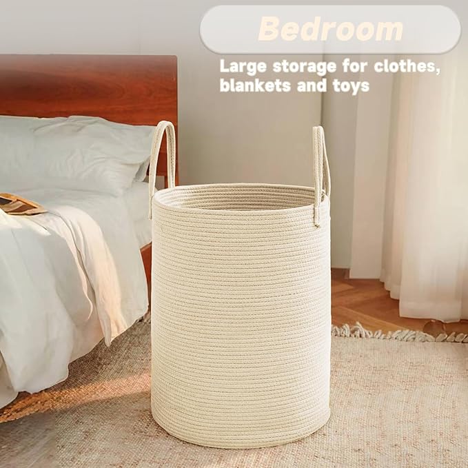 JMvicyroam Large Woven Laundry Basket Hamper,100L Cotton Rope Storage Bin for Blankets,Toys and Clothes,Decorative Tall Nurse