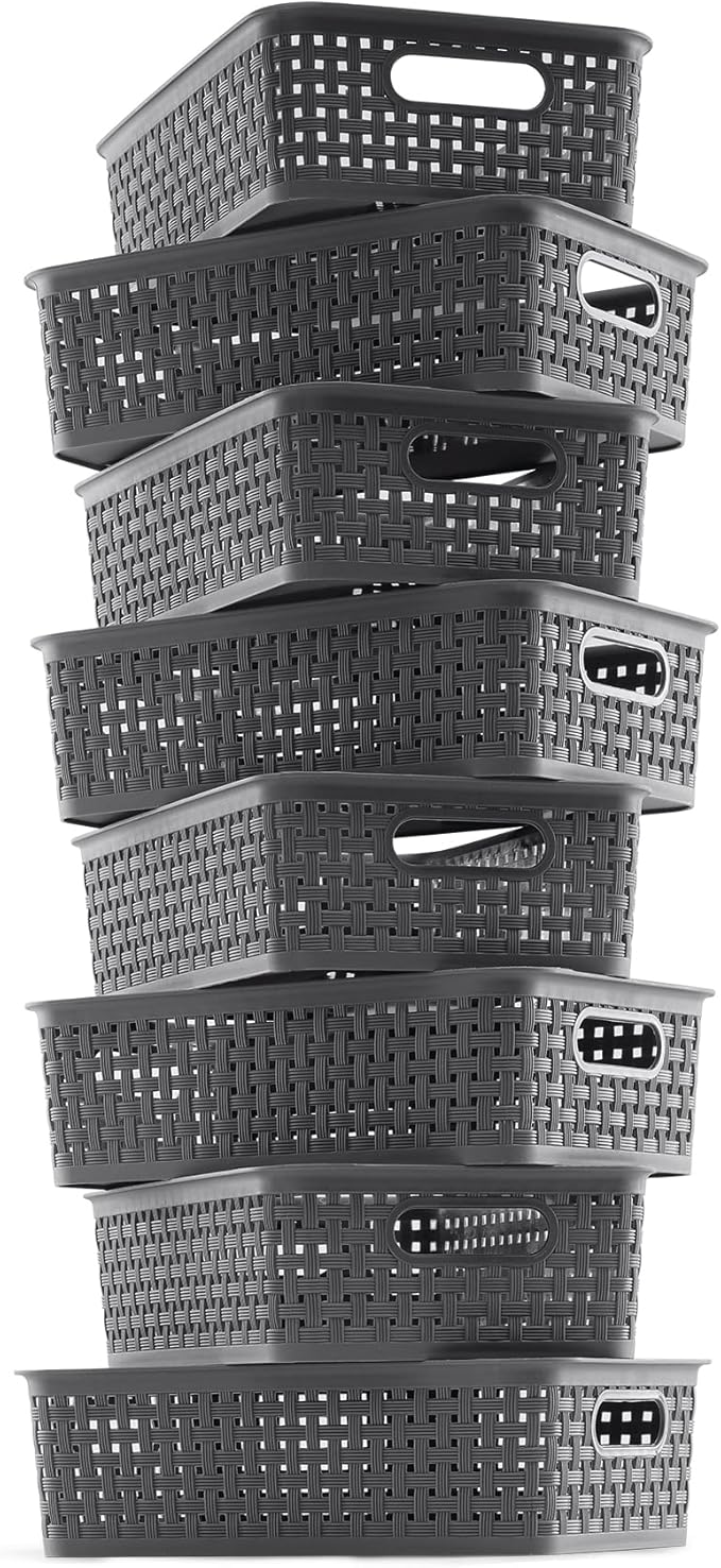 NETANY Plastic Storage Baskets - 8 Pack, Gray, Durable, Easy to Use, Flexible, Multi-Purpose, Ideal for Closets, Cabinets, Sh