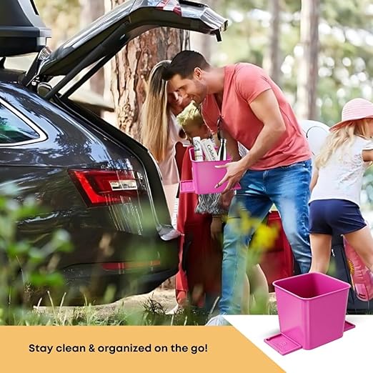 Car Trash Can 2L with Stability Wings & Velcro for Extra Stability – Magic Strip & Clip for Fabric & Rubber Mats – Durable Plastic, Easy Pull Trash Bags Included – Pink
