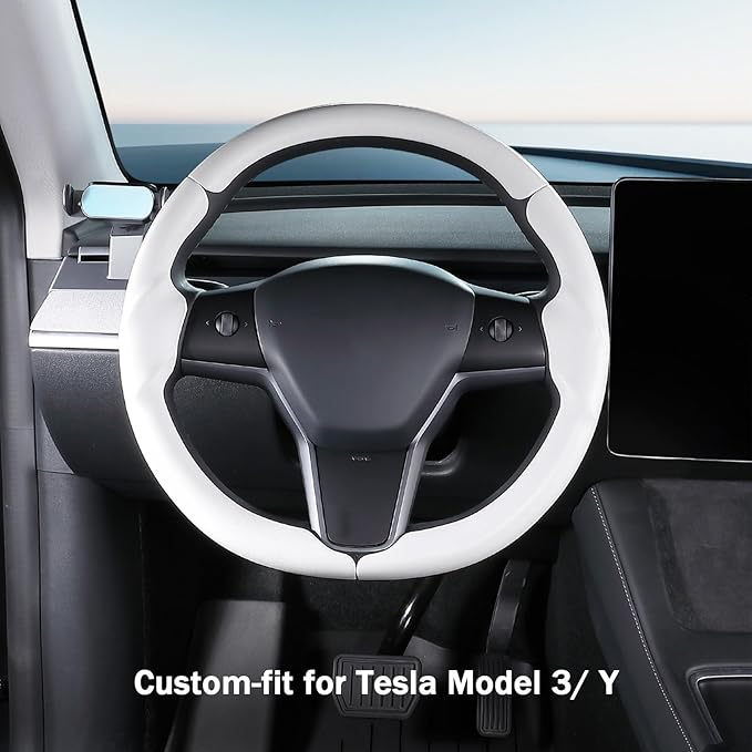 Steering Wheel Cover for 2017-2023 Tesla Model 3 2020-2024 Tesla Model Y, Leather Steering Wheel Cover for Tesla Model 3/Y Accessories, White