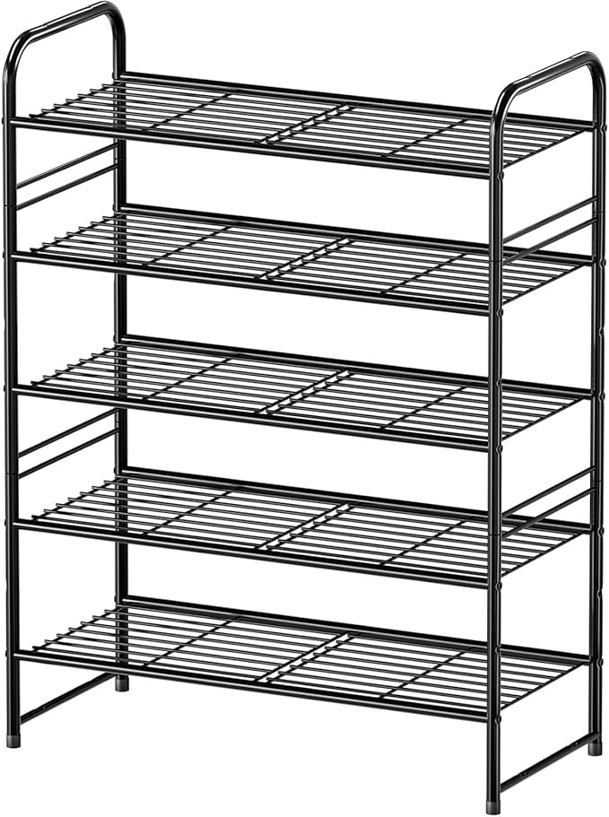 5 Tier Shoe Rack Closet Metal Heavy Duty, Stackable, Black