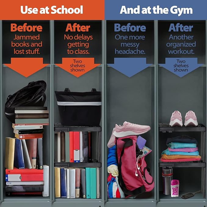 Locker Organizer Shelf， Adjustable Width and Height, Stackable, Ideal Locker Shelf for School, Office, Gym Lockers, or Even K