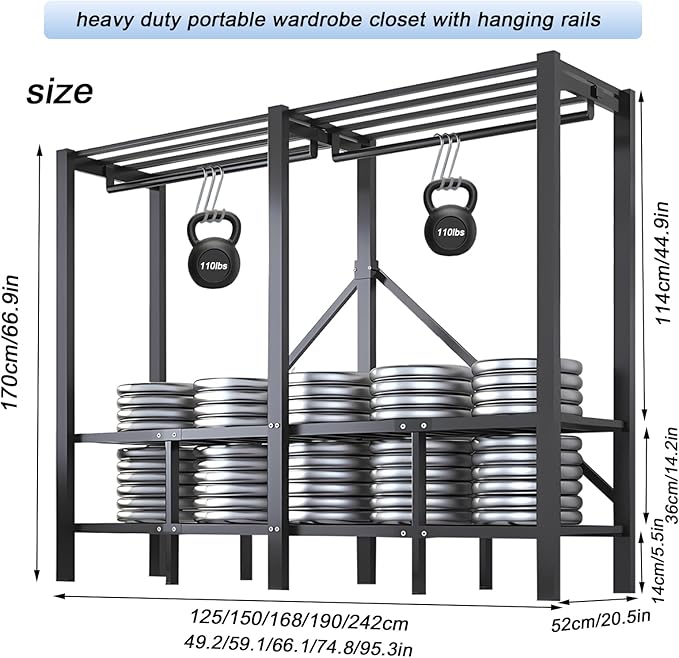 95.3in Heavy Duty Foldable Wardrobe with Cover, Portable Closets for Hanging Clothes, Load 1200lbs, Large Capacity Freestandi