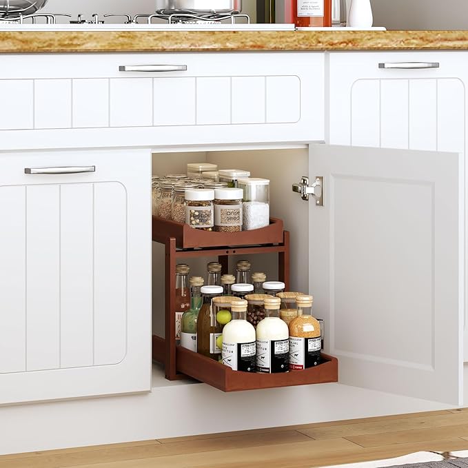 Bamboo Under Sink Organizer and Storage, 2 Pack Pull Out Cabinet Organization, 2 Tier Vertical Slide Out Undersink Storage Sh