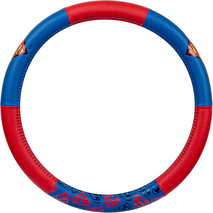 BDK Warner Bros DC Comics Superman Car Accessories Ergonomic Grip Steering Wheel Cover - Universal Size 14.5-15.5 in Diameter, Protects and Insulates for Car, Truck, Van, SUV