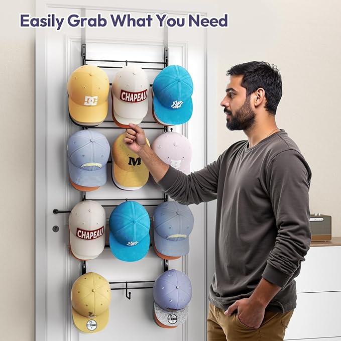 SWTYMIKI Over Door Hat Organizer - 4 Tier Metal Adjustable Wall Mounted Hat Rack with 12 Hooks Design, Hanging Baseball Cap O