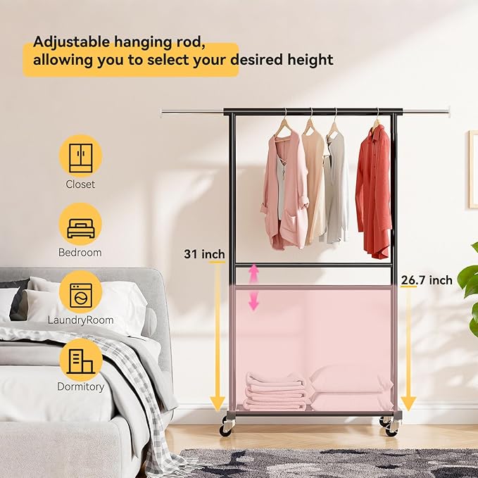 Double Clothing Rack, Clothes Rack for Hanging Clothes, Rolling Garment Rack with Adjustable Rod, Black
