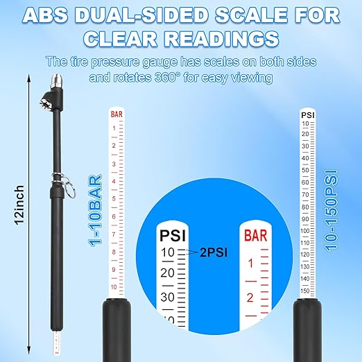 2-Pack Dual Head Tire Pressure Gauge, Heavy Duty Truck Tire Air Gauge Range 10-150PSI 1-10Bar, Straight-On Dual Head Air Pressure Gauge, for Semi Trucks, Rvs, Cars, Motorcycles Pressure Checker