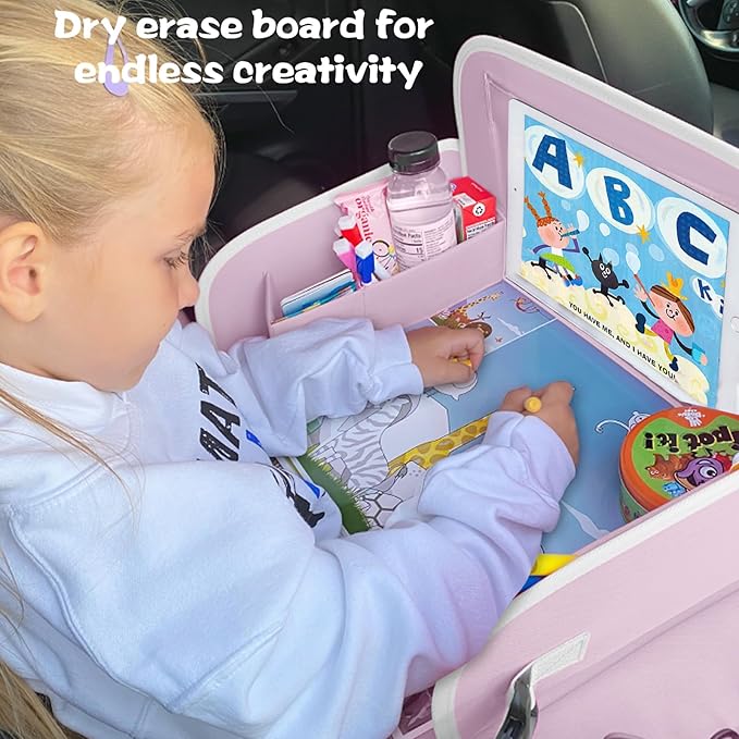 MENZOKE Kids Travel Tray for Toddler Car Seat, Toddler Gift for Girl Activities with Dry Erase Board & iPad Holder Stand,Road