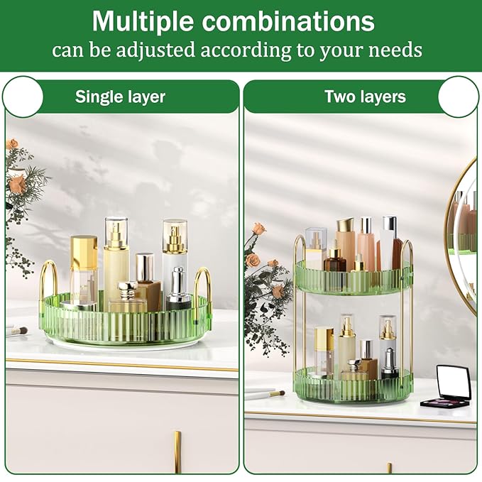 MOKANI 360 Rotating Makeup Organizer for Vanity, 2 Tier Adjustable Perfume Organizer for Dresser, Multi-Function Spinning Cos
