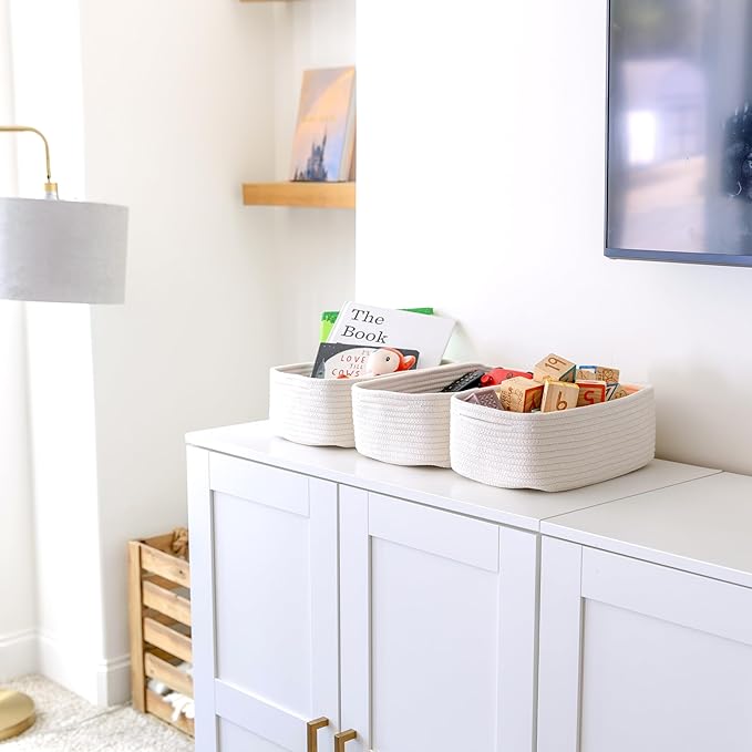NaturalCozy 11.8"x8"x4.5” Storage Baskets for Shelves 3 Pack | Cotton Rope Woven Small Baskets for Organizing | Small Storage