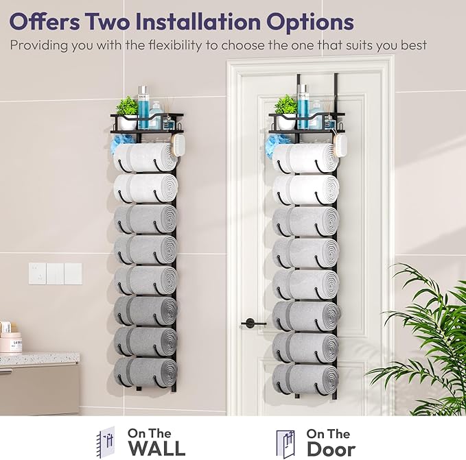 SWTYMIKI Over The Door Towel Rack - 9 Tier Towel Racks for Bathroom Wall Mounted, Towel Holder with Shelf, Hanging Rolled Tow