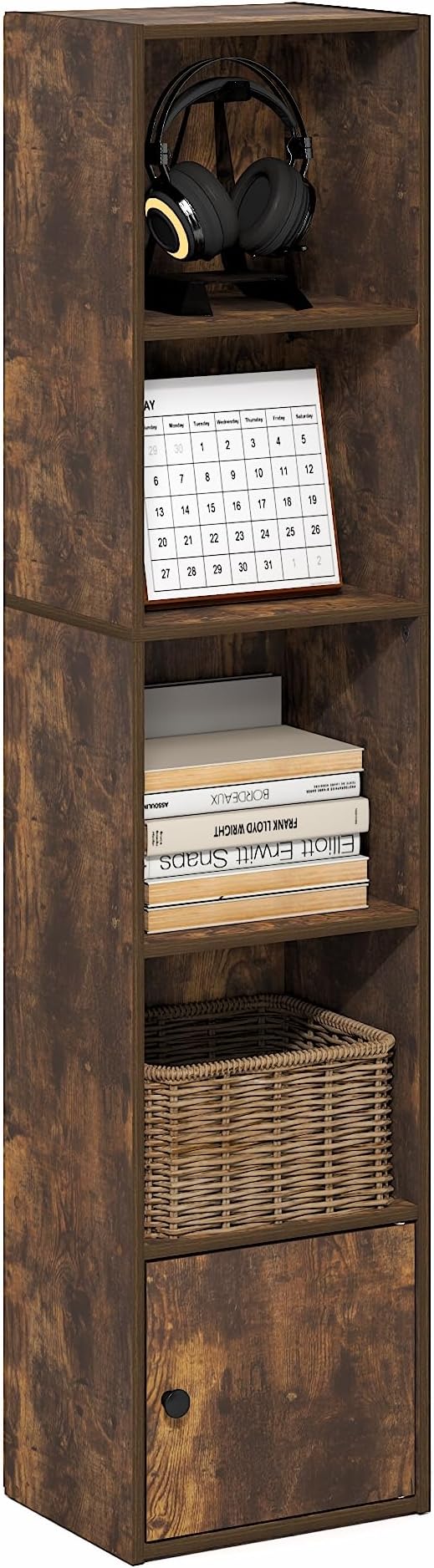 Furinno LUDER Book Shelf, 5-Tier Bookshelf with Open Shelf, Standing Bookcase with 1 Door Cabinet, 9.3 x 12 x 52, for Organiz