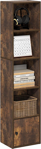 Furinno LUDER Book Shelf, 5-Tier Bookshelf with Open Shelf, Standing Bookcase with 1 Door Cabinet, 9.3 x 12 x 52, for Organiz