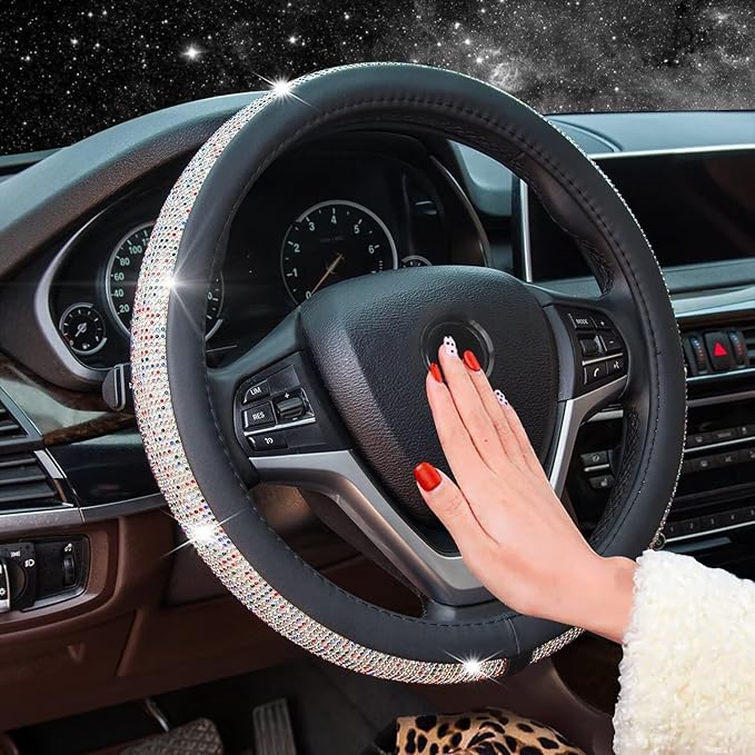 New Diamond Leather Steering Wheel Cover with Bling Bling Crystal Rhinestones, Universal Fit 15 Inch Car Wheel Protector for 