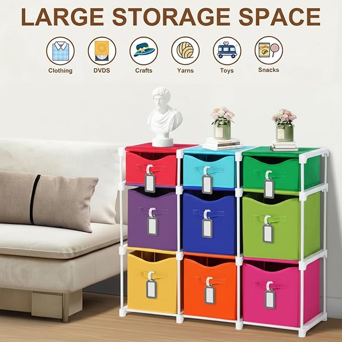9 Cube Storage Organizer Shelf with Storage Bins and Label, 11 Inch Toy Cube Bins Clothes Closet Organizers Drawers Fabric Dr