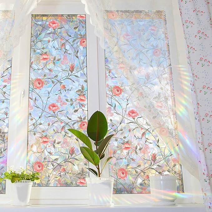 Retro Rose Window Privacy Film,Stained Glass Decals Red Rose Privacy Rainbow Decals Living Room Sun Blocking Decor Removable Static Cling Stickers,16.93x39.37inch