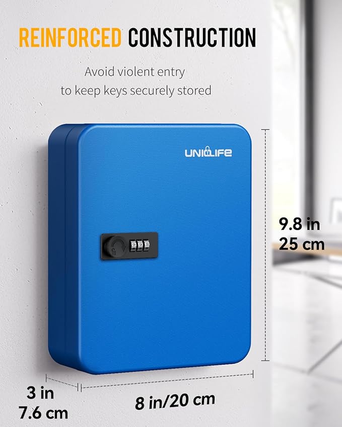 Uniclife 28 Keys Steel Key Cabinet with Resettable Code Blue Wall Mounted Key Organizer with Combination Lock Digital Securit
