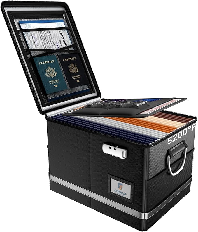 Fireproof Document Box,5200°F File Organizer Box with Lock,Foldable Filing Organizer Cabinet, Portable Safe Storage for Hangi