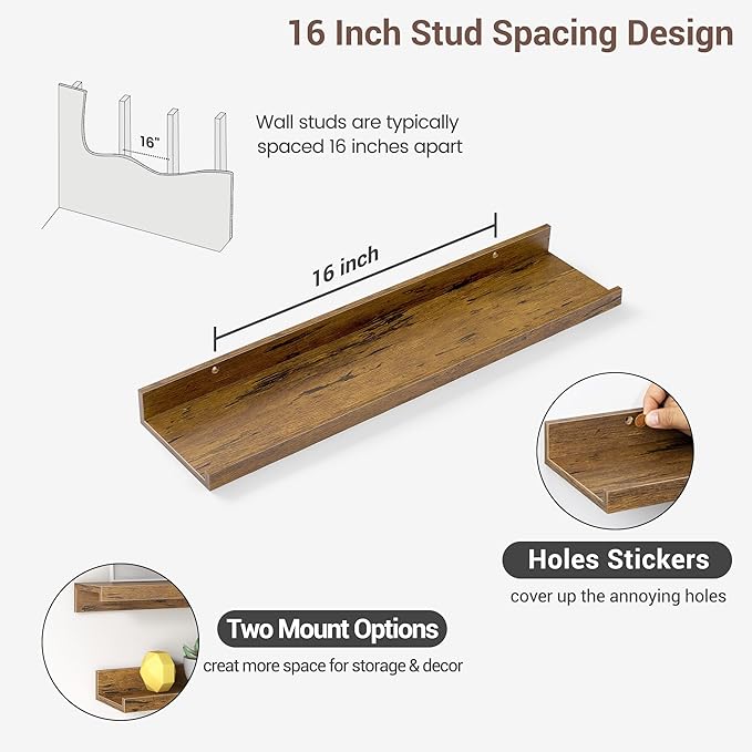 Axeman Picture Ledge Shelf | 24 Inch Brown Floating Shelves Set of 3 | Rustic Brown Wood Wall Shelves with Lip | 24" Picture 