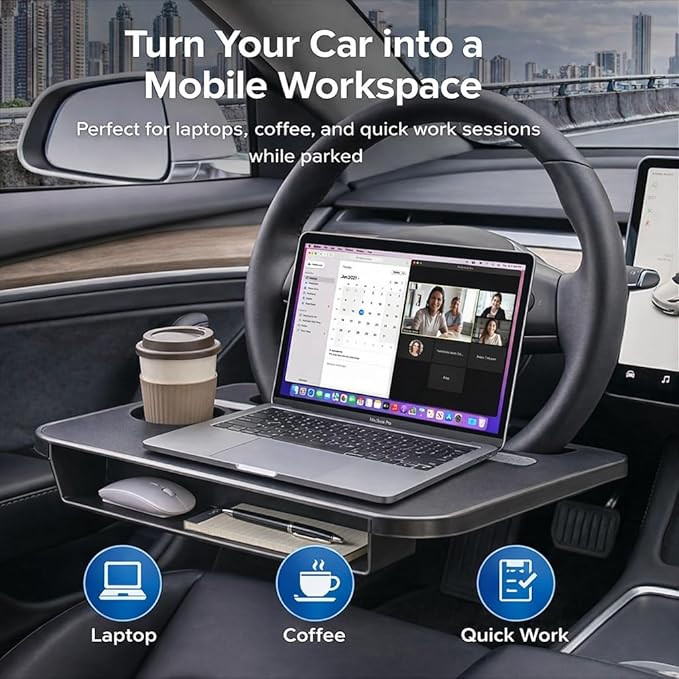 Steering Wheel Tray for Tesla Model 3 Y S X and Other Compact Cars, 2-in-1 Car Food Tray and Seat Gap Organizer, Compact Desk for Eating, Writing, Quick Work and Storage, Black