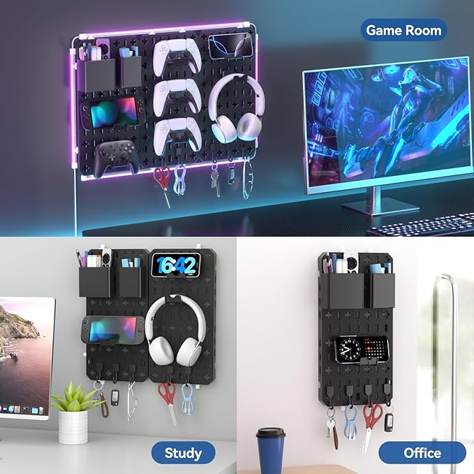 KDD 9 in 1 RGB Gaming Wall Organizer Peg Board - DIY Pegboard Combination Kit with Phone Stand/Pen Holder/Storage Box/Headset
