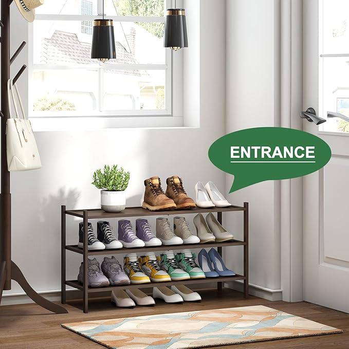 kiplant 3-Tier Long Shoe Rack, Bamboo Wood Shoe Rack for Entryway, Stackable | Foldable | Natural, Shoe Organizer for Hallway