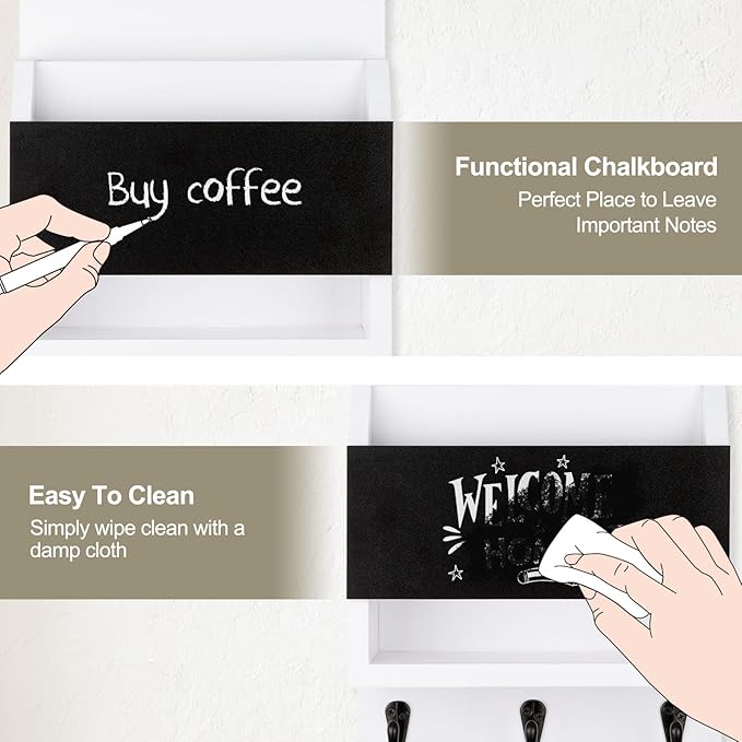 Key and Mail Holder for Wall, Key Holder with Chalkboard and Long Storage Box, Key Hanger with 3 Sturdy Hooks for Coat, Dog L