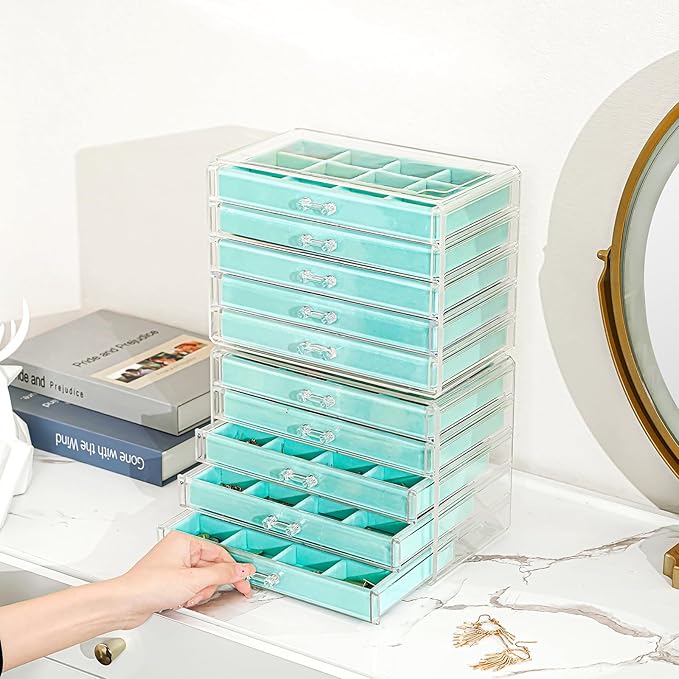 ProCase Earring Holder Organizer Jewelry Box with 10 Drawers, Acrylic Clear Earring Case with Adjustable Velvet Trays for Wom