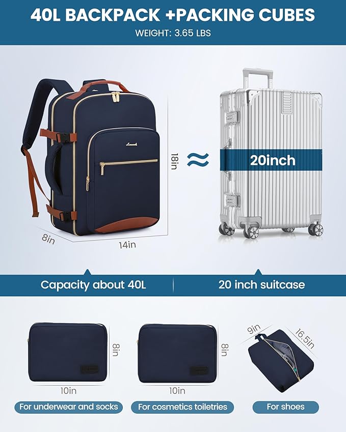 LOVEVOOK Travel Backpack for Women & Men 40L,Airline Approved Carry On Backpack Travel Essentials,TSA Carry on Luggage,Waterp