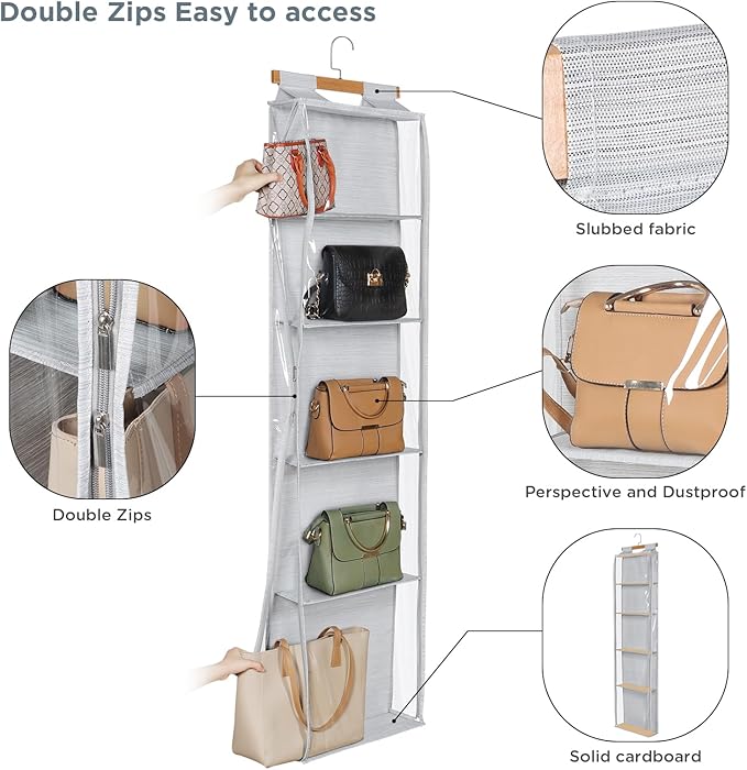 Syeeiex Hanging Handbag Purse Organizer with Zippers, 5 Mesh Shelves,Clear Slubbed Fabric+PVC Hanging Closet Bag Organizer, D