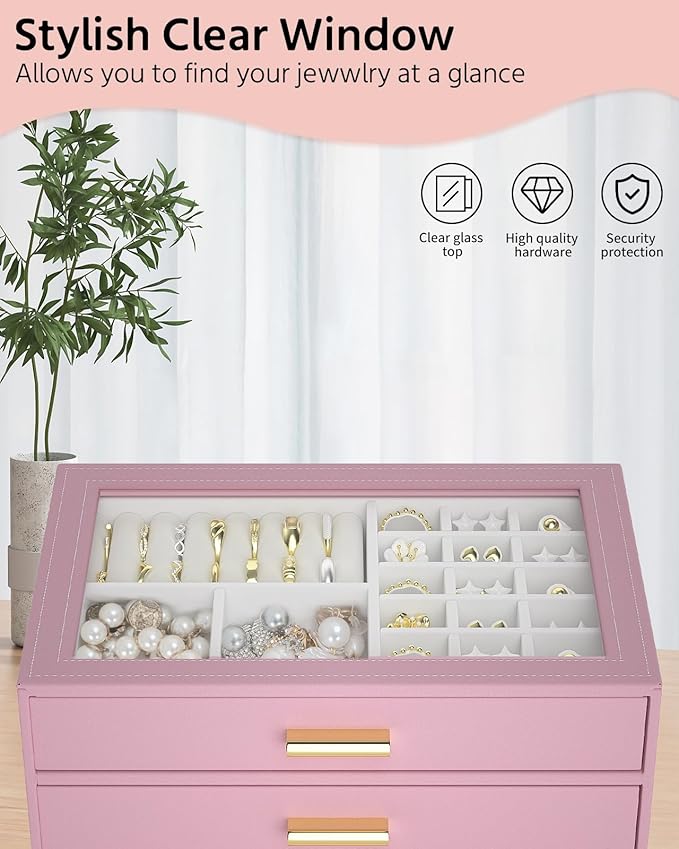 AKOZLIN Jewelry Box with Clear Lid Functional Leather Jewelry Storage Organizer Case 2 Drawers for Women Girls Necklace Ring 