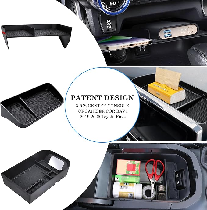 Upgraded Center Console Organizer Compatible with Toyota RAV4 2025 2024 2023 2022-2019 Interior Accessories, Armrest Storage Box, Dash Storage Tray(Not for New 10.5'' Multimedia Display)-3pcs