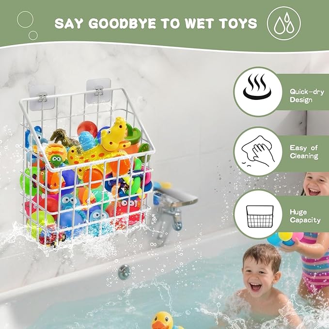 2 Pack Bath Toy Storage Organizer Basket, Large Metal Bathtub Toy Holder, Wall Mounted Hanging Shower Basket, Bath Toy Organi