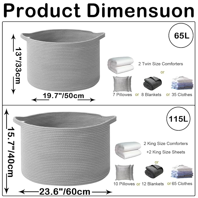65L Large Blanket Basket,Cotton Rope Woven Storage Basket with Handles, Laundry Hamper for Toys, Clothes, Pillows & Towels, P