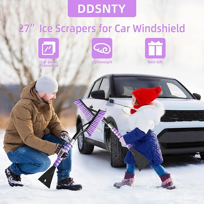 27” Snow Brush and Detachable Ice Scraper for Car Windshield, Car Snow Scraper and Brush Set, Ergonomic Foam Grip,Suitable for Cars SUVs and Trucks Vehicle(Aluminum Structure, PVC Brush, Purple 2 PC)