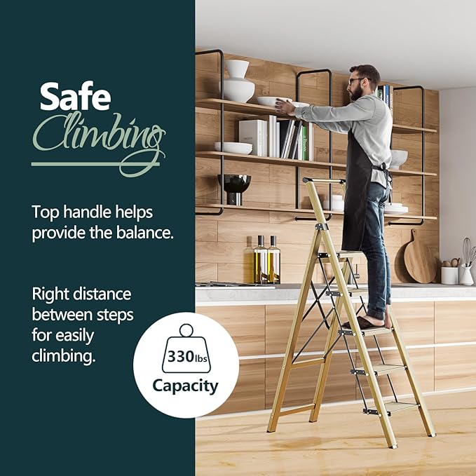 WOA WOA 5 Step Ladder for 10 Feet High Ceiling, Lightweight Foldable Ladder with Non-Slip Wide Pedals, Step Stool with Safe H