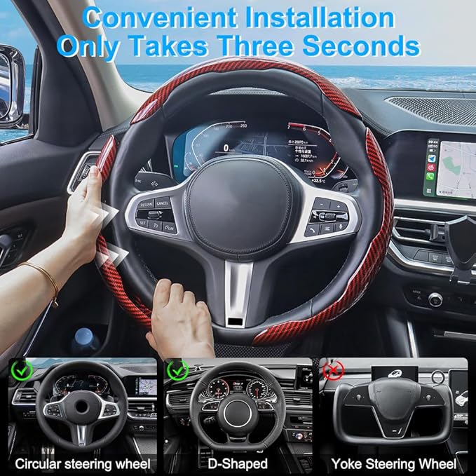 Carbon Fiber Steering Wheel Cover 3PCS, Non-Slip Grip for Universal Cars,Fit for 14–16 Inch Wheels, Interior Accessories for 