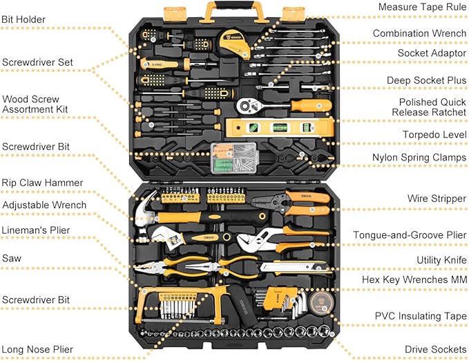 DEKOPRO 228 Piece Socket Wrench Auto Repair Tool Combination Package Mixed Tool Set Hand Tool Kit with Plastic Toolbox Storag