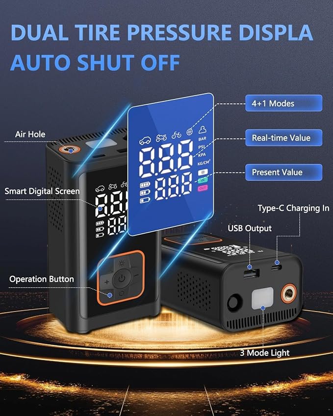 Tire Inflator Portable Air Compressor Cordless -150PSI Electric Air Pump & Digital Pressure Gauge, Air Compressor for Car Tires, for Bike Motorcycle Balloons, Emergency LED Light
