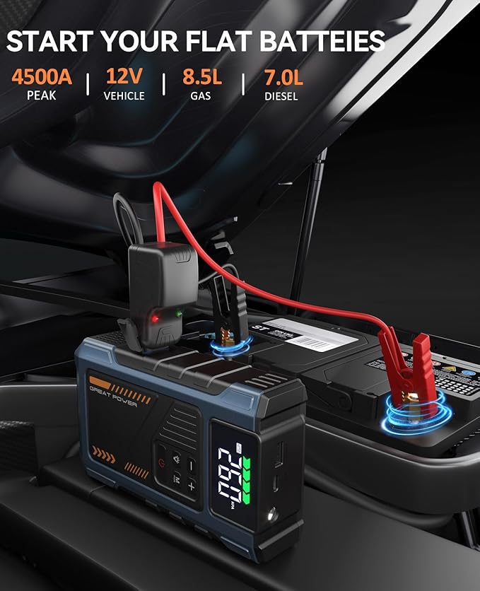 Car Battery Charger Jump Starter with Air Compressor, 4500A Jumper Box for Car Battery Portable Booster Jump Pack, 12V