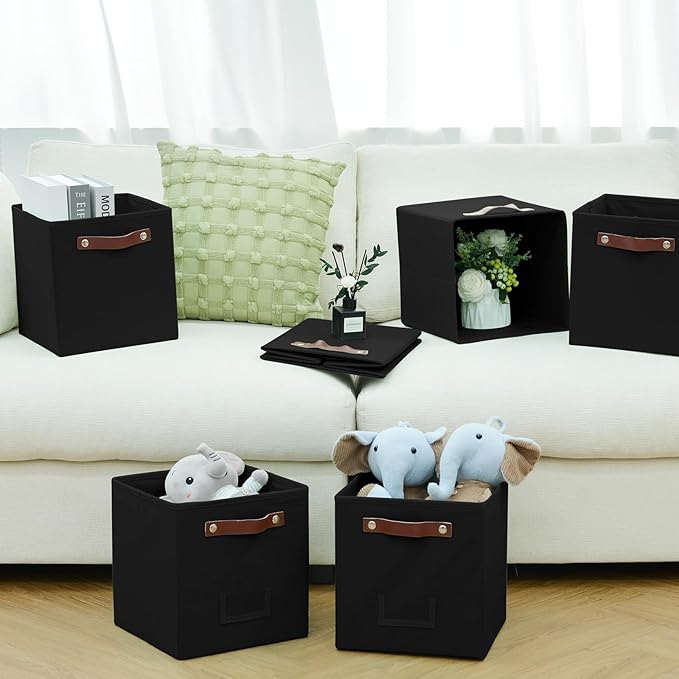 FinishingBo 6-Pack Storage Cubes with Handles & Label Holders Basket, Closet Cube Home Organizer Bins(Black, 10.5*10.5*11 inc