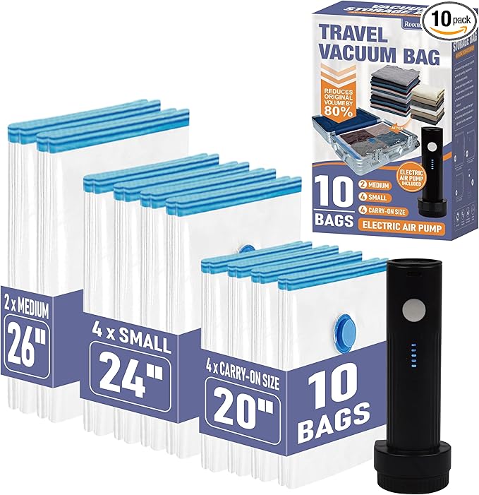 Travel Vacuum Storage Bags with Rechargeable USB Air Pump, Space Saver Vacuum Seal Bags for Luggage, Sealer Compression for C
